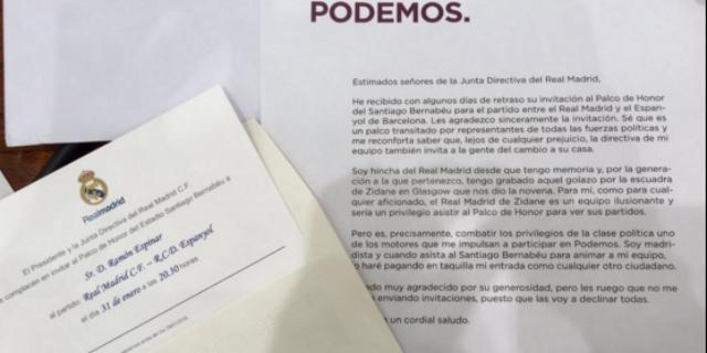 Un diputado de Podemos rechaza la invitación de Florentino Pérez para ir al palco del Bernabéu