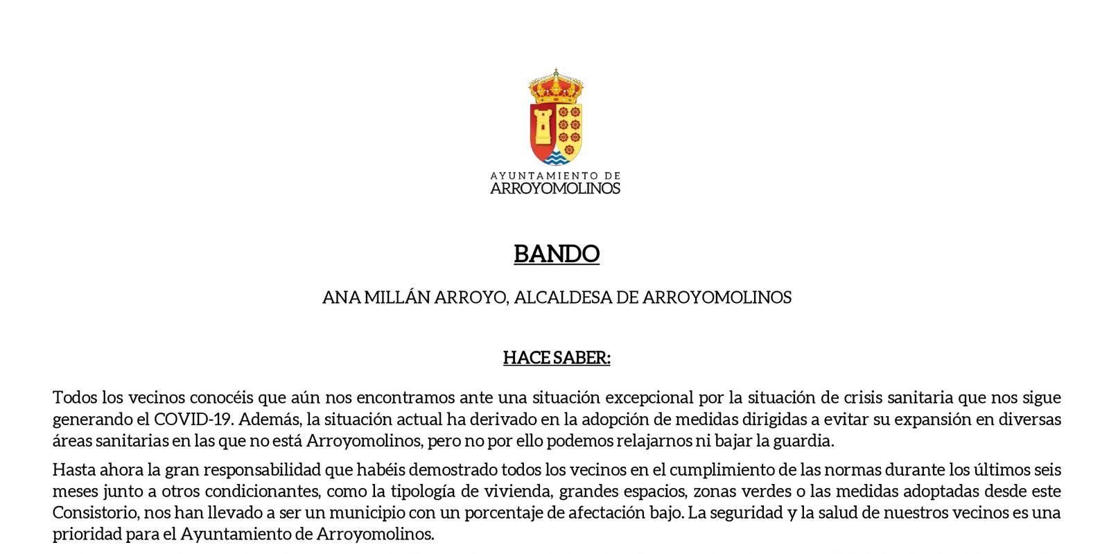Arroyomolinos recuerda a los vecinos con un bando las medidas para la lucha contra la Covid-19