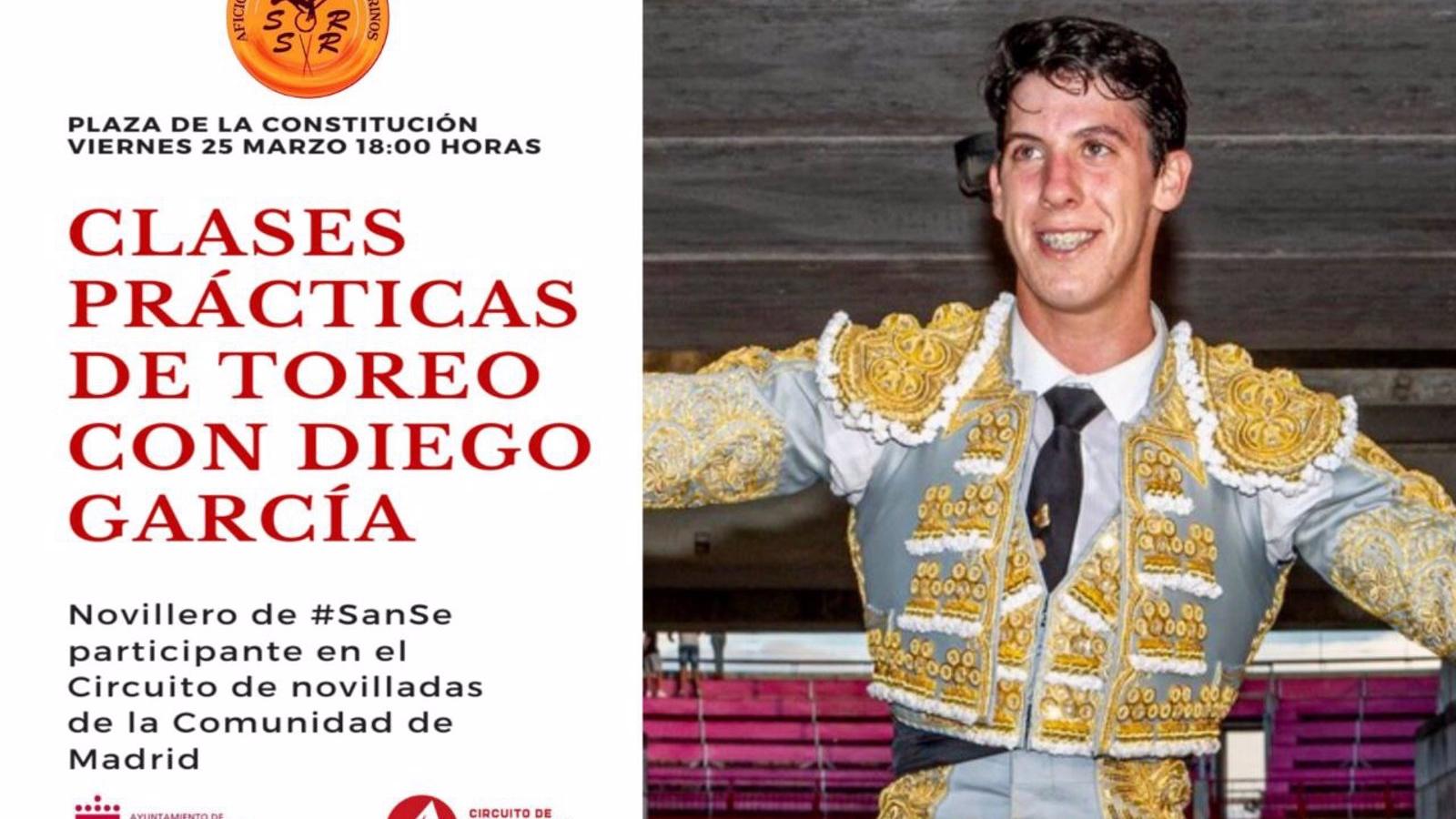 El novillero Diego García dará clases de toreo este viernes en la plaza de la Constitución de Sanse