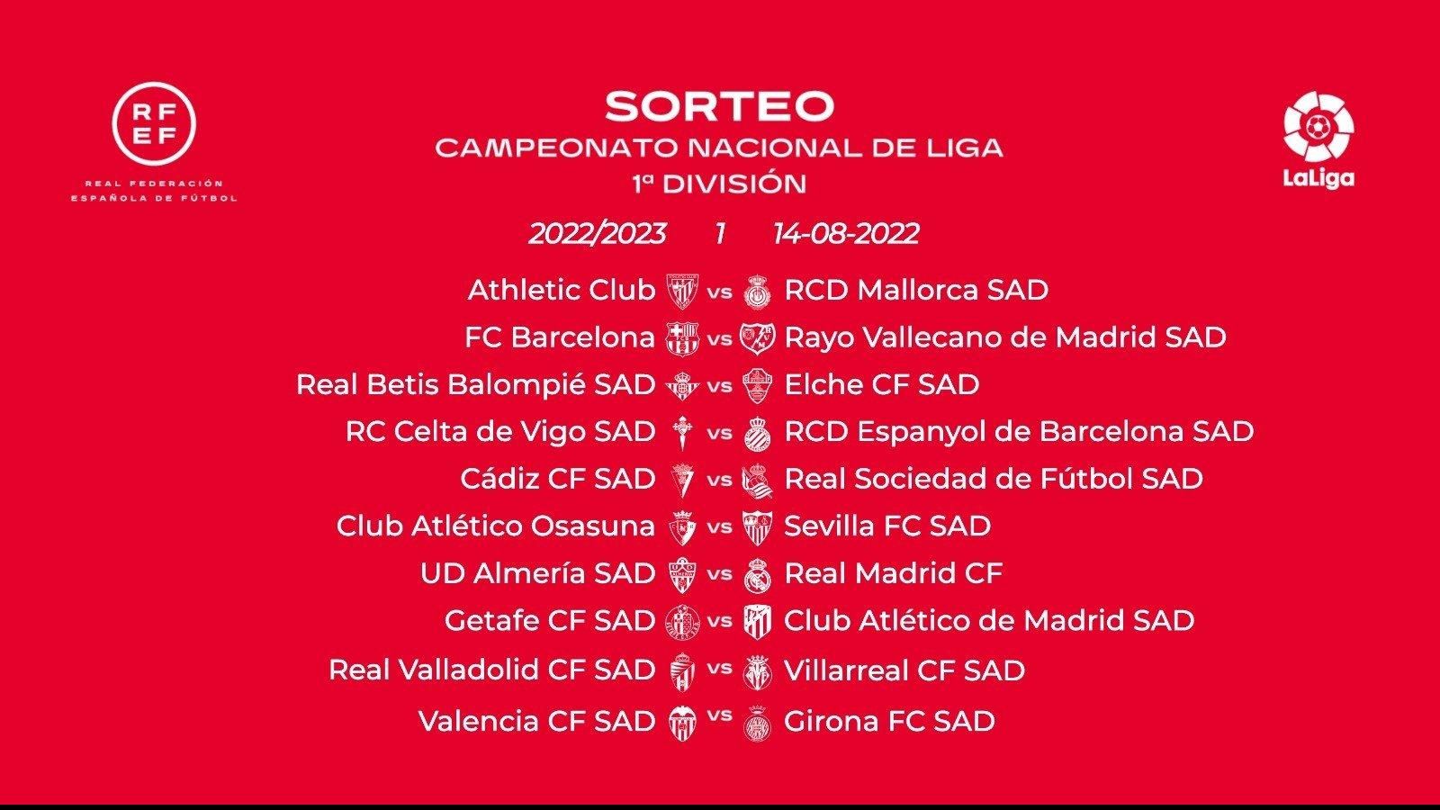 Almería-Real Madrid, Barcelona-Rayo y Getafe-Atlético, en la primera jornada de la Liga Santander