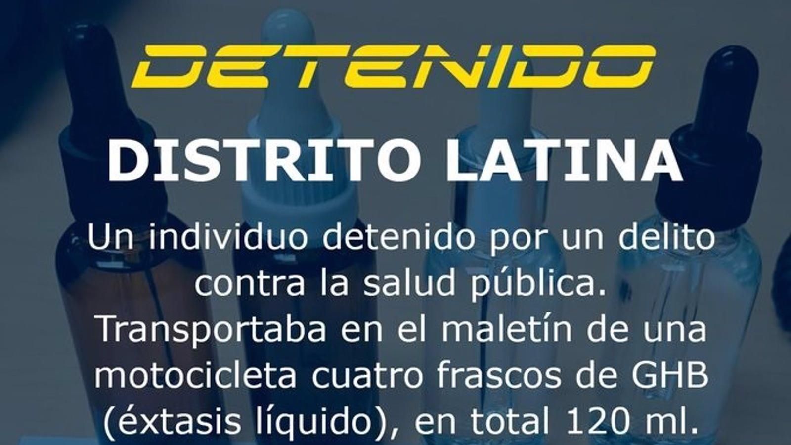  Detenido en Latina un motero con cuatro frascos de éxtasis líquido
