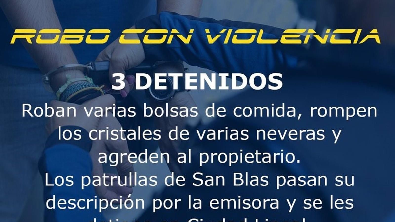 Tres detenidos, dos de ellos menores, por robar en una tienda de San Blas y agredir al encargado