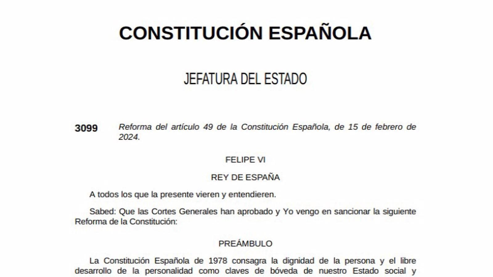 Entra en vigor la reforma del artículo 49 de la Constitución que regula los derechos de las personas con discapacidad
